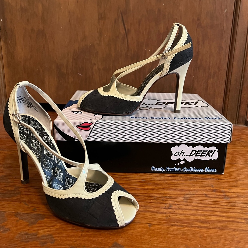 Oh Deer! Peep toe, strappy black cork/bone patent leather heels